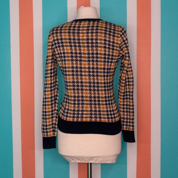 Ann Taylor Button-Up Navy and Gold Houndstooth Sweater - Picture 2 of 4